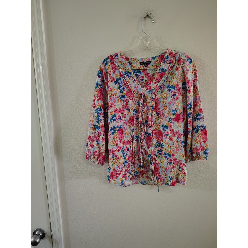 Ava & Grace Floral V-Neck Blouse Pink Blue 3/4 Sleeve Pintuck Tie Waist Small